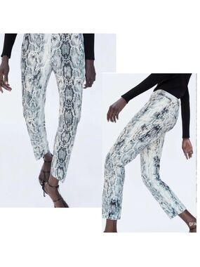 Zara animal snake print slim fit ankle pants gray ivory white Sz S